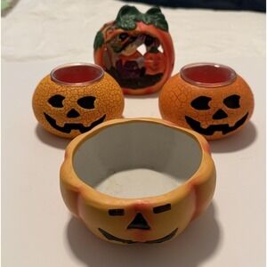 GAC Halloween Pumpkin Witch Ceramic Candle Holders Set of 4 Hand Painted